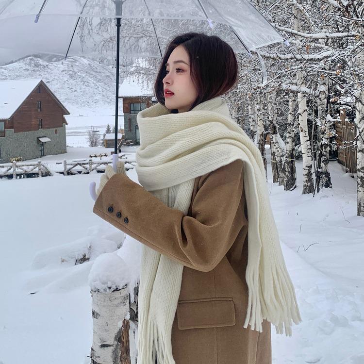 Korean Style Knitted Woolen Scarf for Women Winter New Solid Color White Student Long Warm Scarf High End