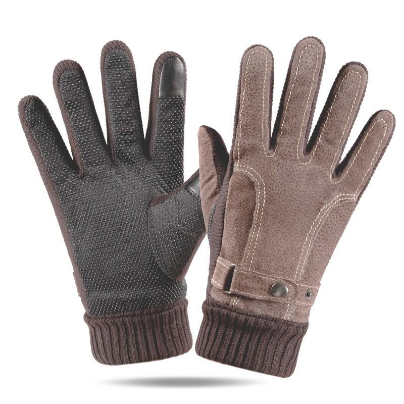 Mens Winter Thickened Fleece-Lined Pigskin Motorcycle Riding Gloves Touchscreen Compatible Outdoor Warm