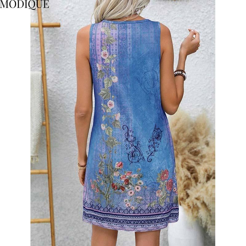 MODIQUE 2025 Summer New Women's Sexy Hot Tank Top Gradient Floral Print Sleeveless Short Dress Ladies Casual A-Line Notched V-Neck Dress