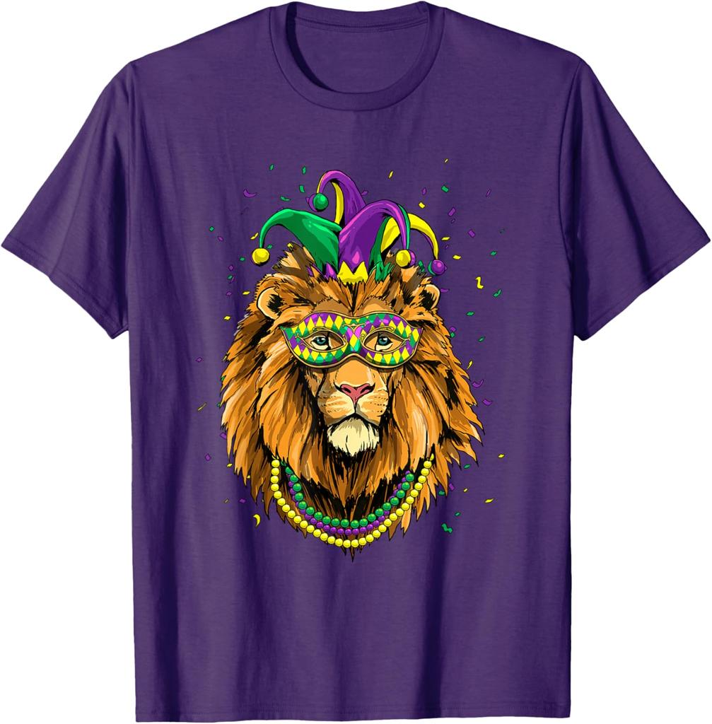 Lion Mardi Gras Mask Graphic Tee Breathable Short Sleeve T-Shirt Carnival Trip