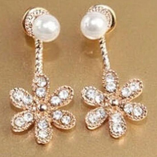 Women Earrings Shiny Anti-rust Alloy Rhinestone Flower Faux Pearl Ear Studs for Shopping