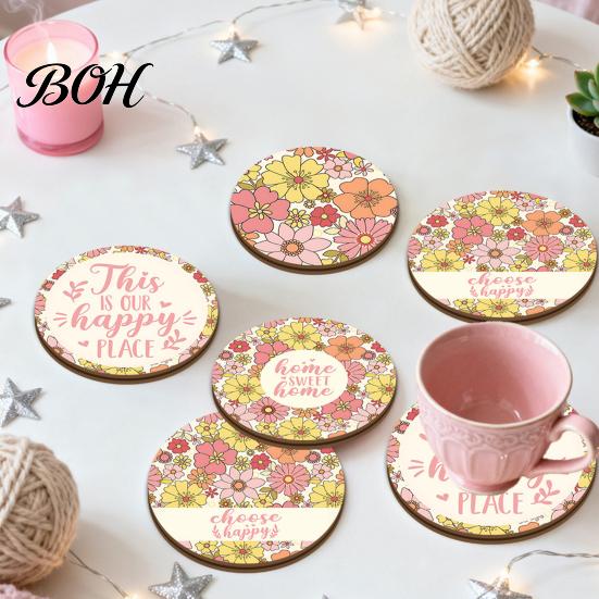 Non Slip Wood Coasters 4PCS Easter Flower Set, Thick Cork Base Non-Slip Heat Resistant Drink Durable Wooden Coasters, Floral Print Decorative for Home