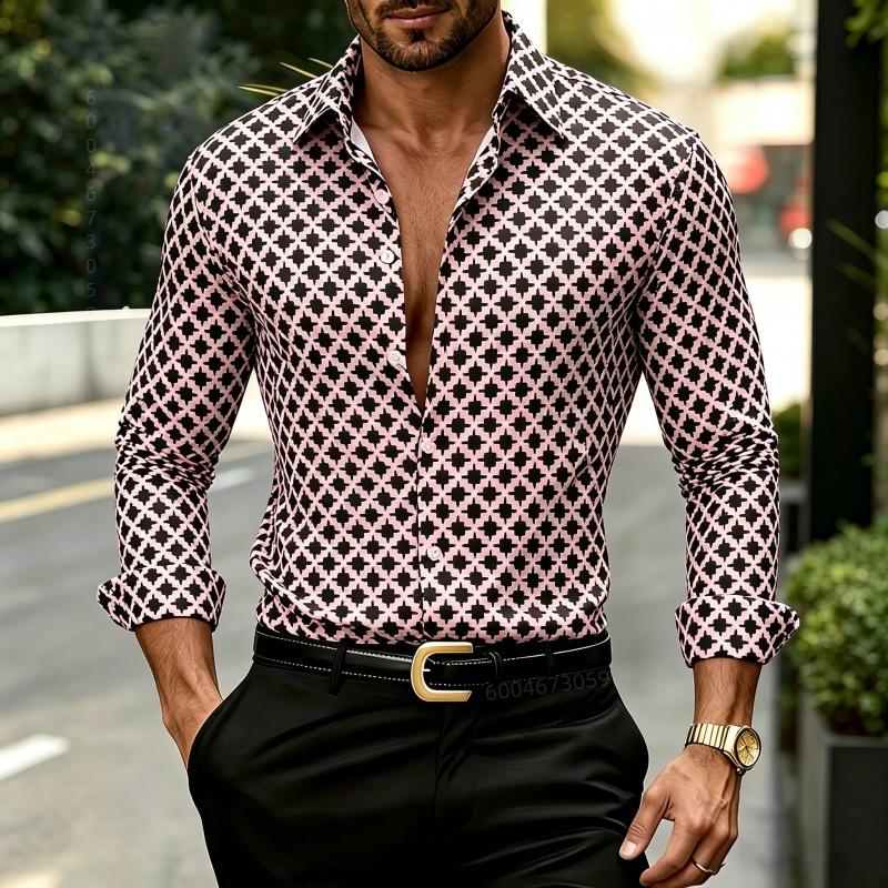 2026 Nuova Camicia da Uomo Geometrica a Griglia di Diamanti Bianca e Nera, Camicia Stampata Personalizzata, Abbigliamento da Uomo Versatile alla Moda Casual