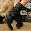Fashion Pleated Pu Leather Knee High Boots Women Vintage Belt Buckle Thick Heel Long Boots Woman Plus Size 36-43 Slip On Western Shoes