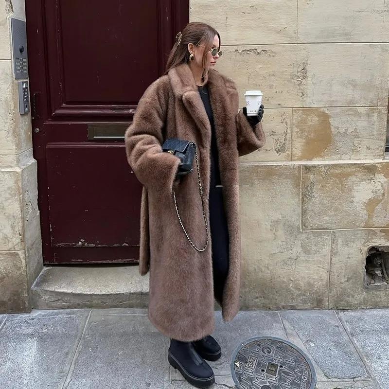 Belted Faux Mink Fur Coat Women Winter Beige Gradient Furry Fur Jacket Luxury Brand Hooded Warm Outerwear Overcoat
