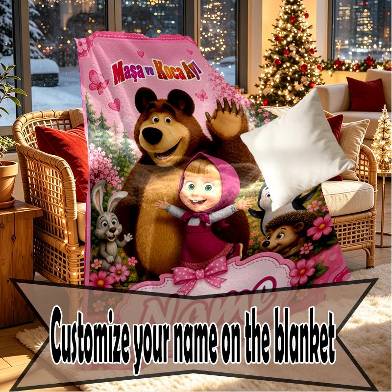Custom Name Personalized Masha and The Bear Print Blankets, Home Decor, Bedroom, Sofa, Camping, Couch, Gifts for Birthday Christmas