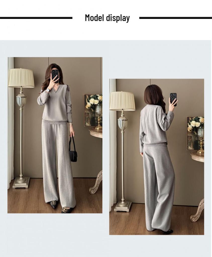 Women's V-Neck Knit Set - Autumn Fashion, Solid Color Two-Piece Trousers and Top