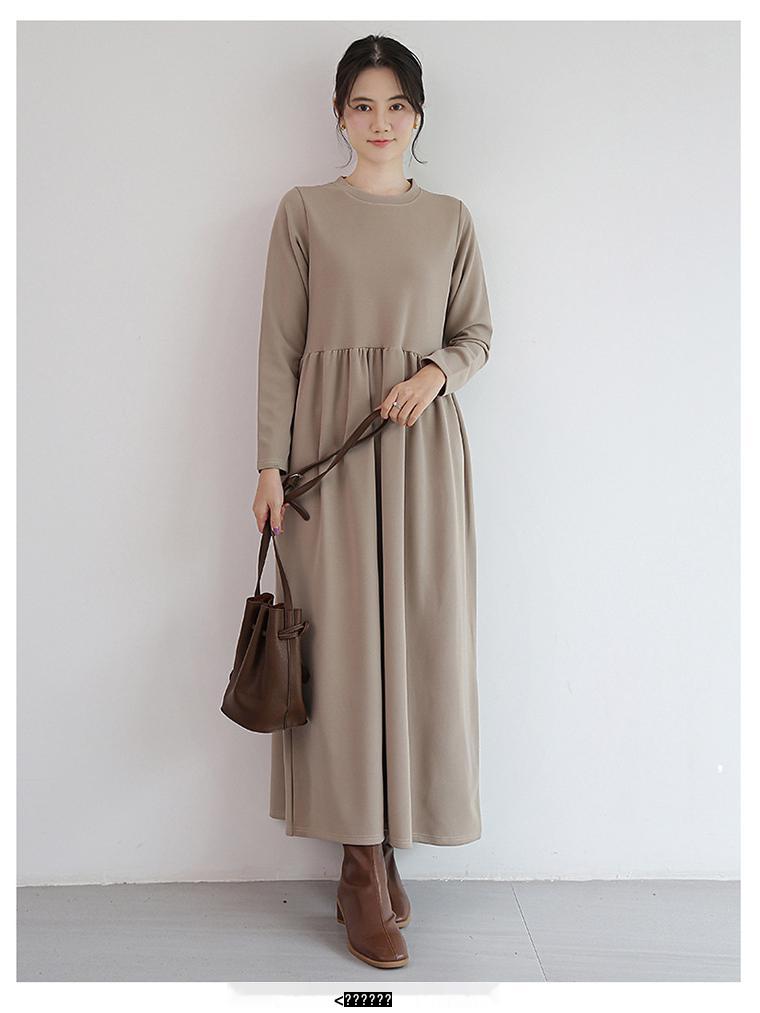 Korean Style Slim-Fit High Waist Round Neck Long Sleeve Midi Dress for Fall/Winter