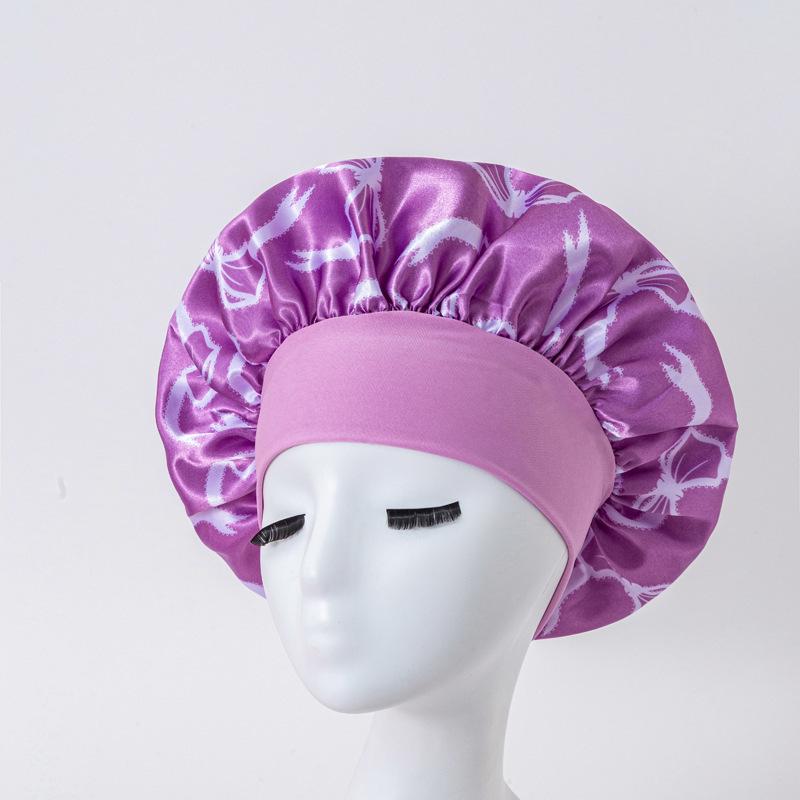 European American Print Satin Sleep Cap - Wide Brim Silky Hair Protection Hat for Women