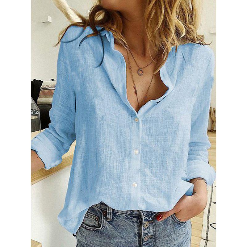 Solid-Color Lapel Short-Sleeve Loose Top Lapel Short Sleeve Loose Shirt for Women