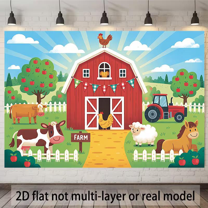 

2D Cute Cartoon Farm Backdrop with Red Barn, Animals & Tractor 47.2x31.5inch/120*80cm