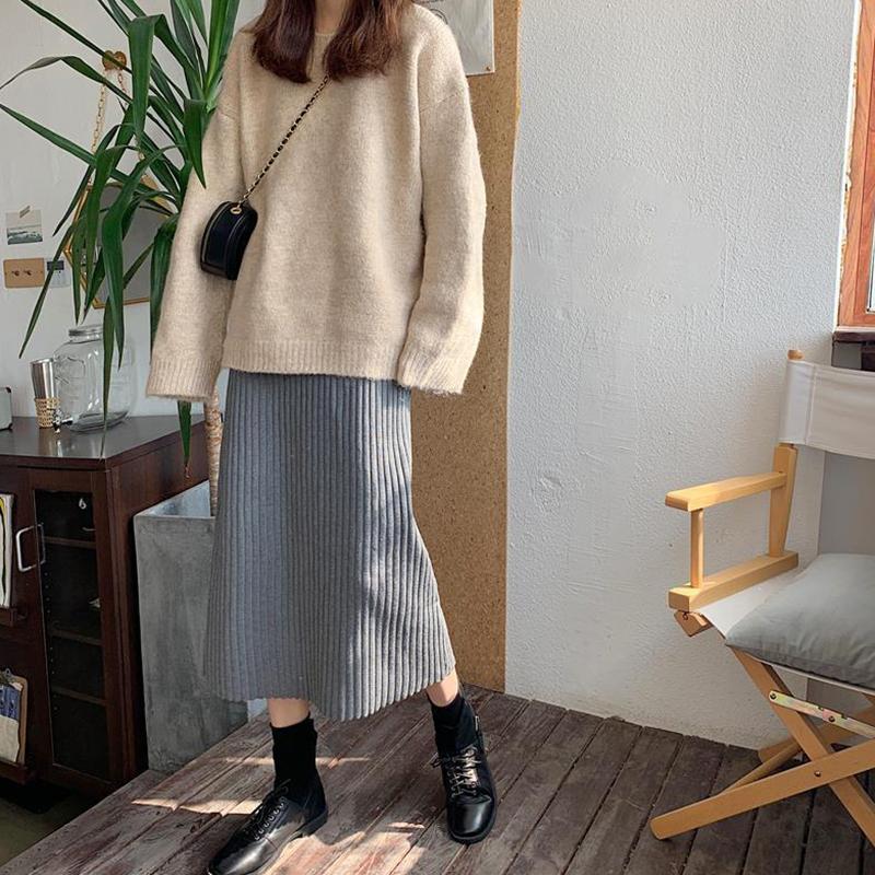 WTEMPO Μονόχρωμες Πλεκτές Φούστες Α γραμμής Γυναικείες Ίσιες Μίντι Κορεάτικου Στυλ Κομψές Σικ Ανοιξιάτικες Φθινοπωρινές Ζεστές Μακριές Φούστες