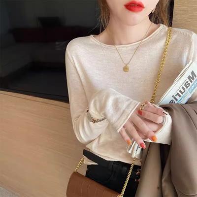 Gekräuselter Strickpullover Damen Rundhals Pullover Unterhemd Frühling Einfarbig Einfach Innenoberteil