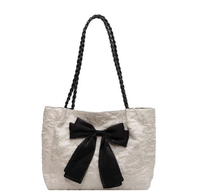 

Ribbon Tote Bag Shoulder Bag Lace Large Capacity A4 Feminine Lightweight Commuting to School Travel [PETITCHOU] (White) білий
