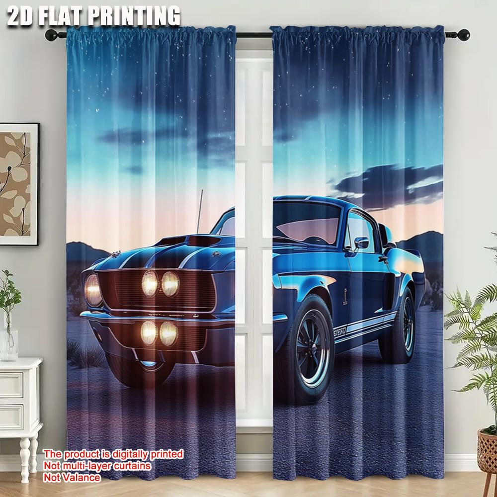 2pcs   Upscale Curtains 2D print Classic muscle car Polyester Easy Install (without rod) Thermal Insulation   and Room Darkening