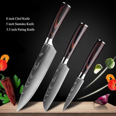 3-teiliges Kochmesser-Set, Damaskus-Muster, Küchenmesser-Sets, Hackmesser, Schäl-Santoku-Slicing-Allzweckmesser