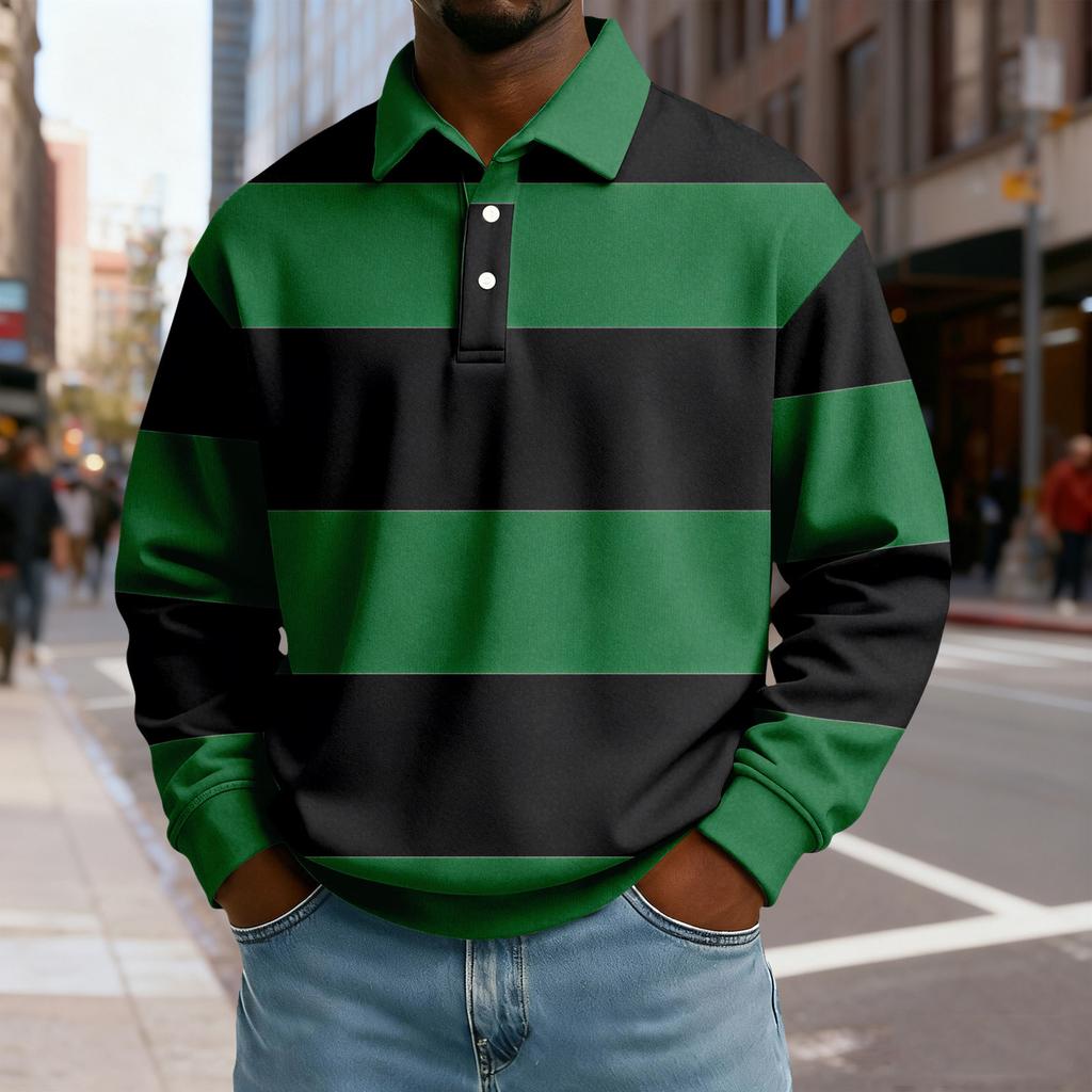 Men's Casual Loose Colorblock Print Lapel Button Long Sleeve Top