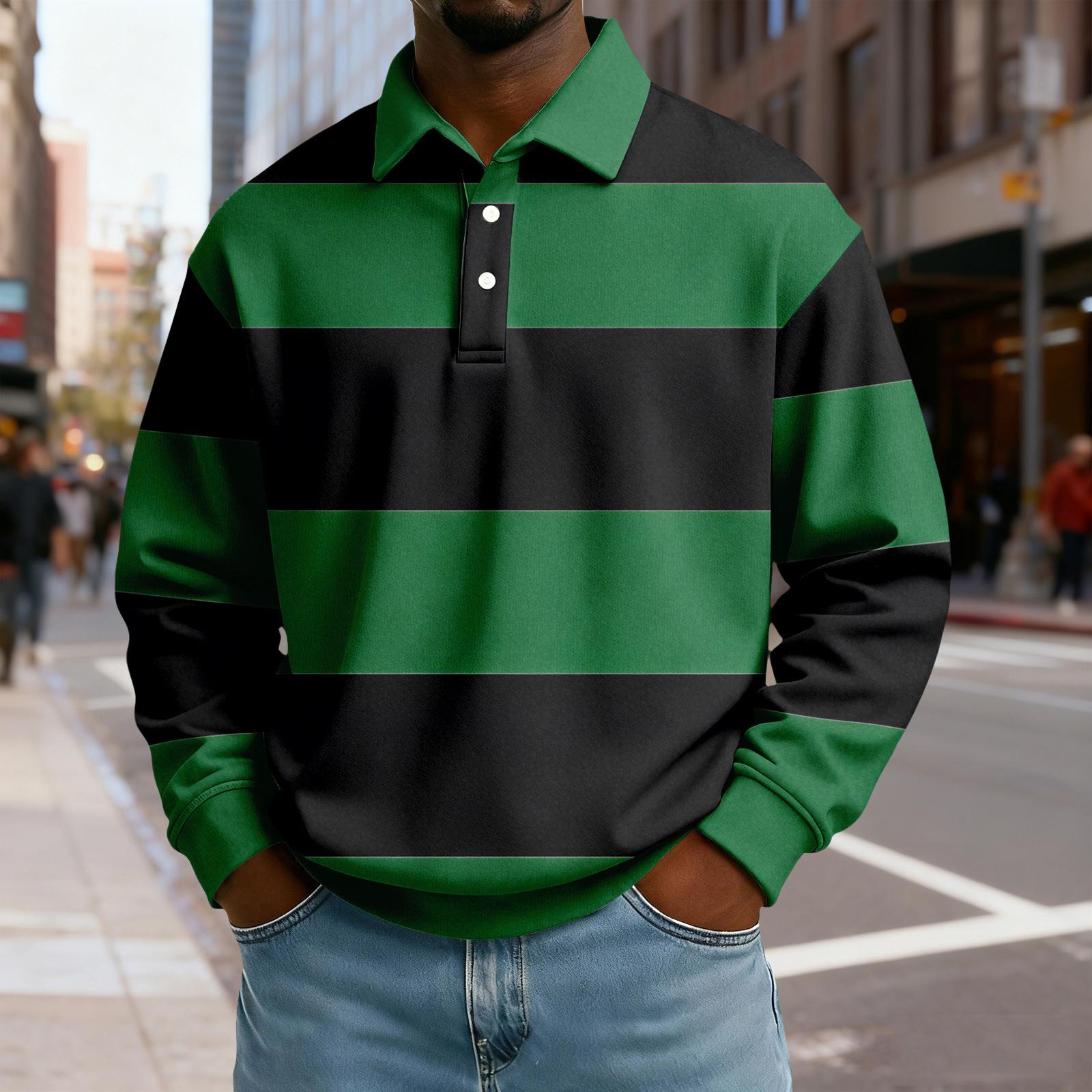 

Чоловічий повсякденний вільний топ з колорблочним принтом, лацканами на ґудзиках та довгими рукавами XL зелений