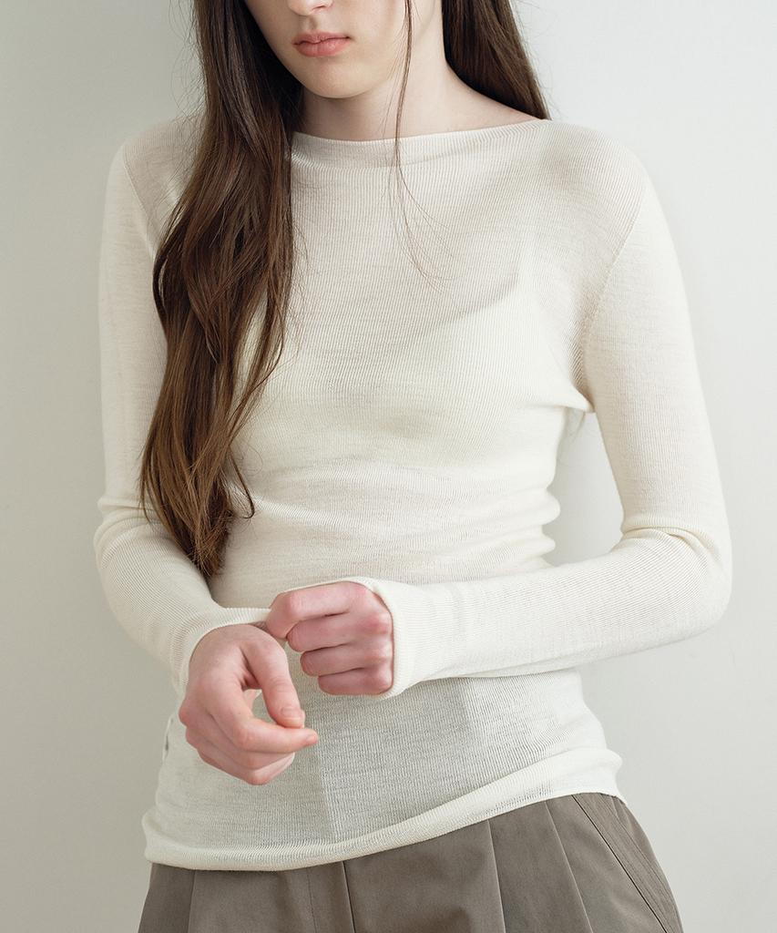 MAKE A TOAST Thin Boat Neck Wool Knit Top (Ivory) Mbfsnt003Iv