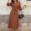 2025 Autumn/Winter Corduroy V-neck Midi Dress - Long Sleeve, Solid Color