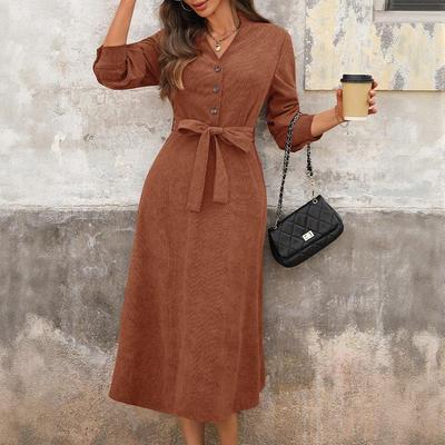 2025 Autumn/Winter Corduroy V-neck Midi Dress - Long Sleeve, Solid Color
