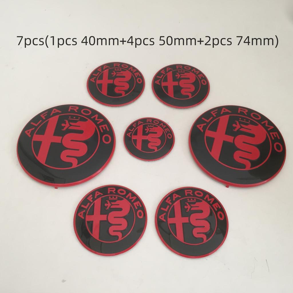 7pcs forAlfa Romeo Car emblem Wheel Cover caps front Hood badge rear Trunk Steering sticker Styling 2x74mm , 4x50mm,1x40mm