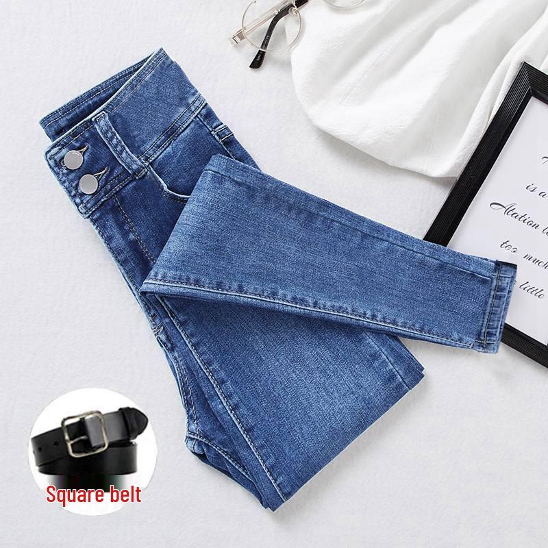 Blue-Gray High-Waisted Skinny Bootcut Jeans for Women: Fleece-Lined, Thickened, Slimming, Tapered Leg – 2022 Autumn/Winter Collection.