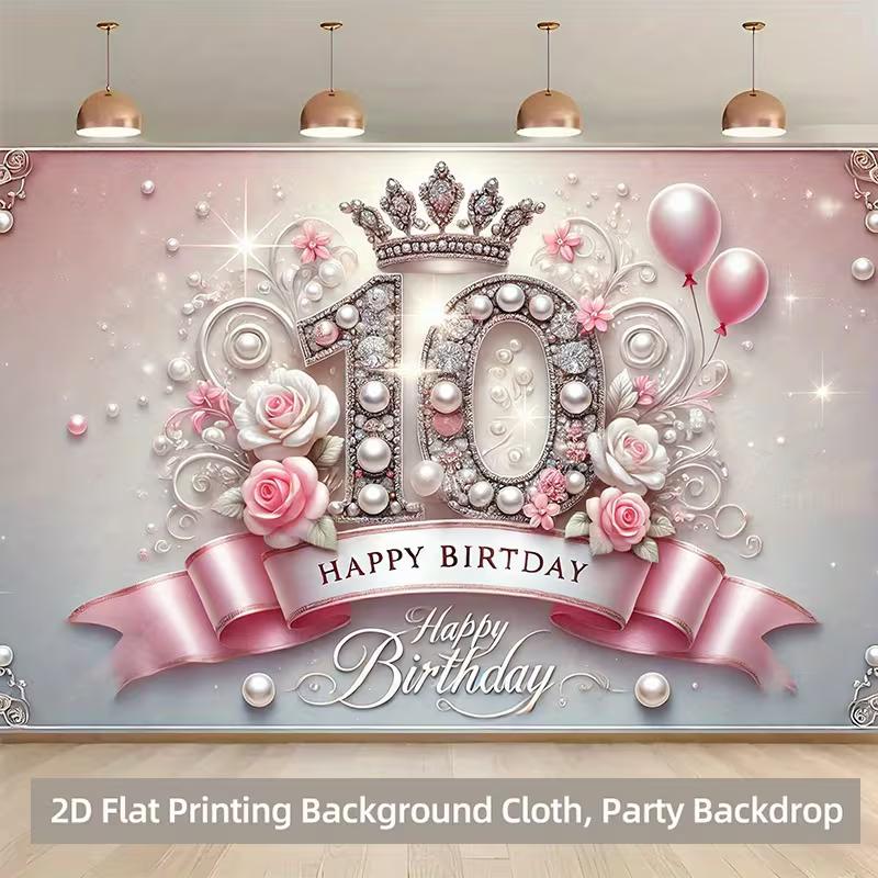 

Pink Silver 10th Happy Birthday 2D Backdrop with Crown & Roses 47.2x31.5inch/120*80cm