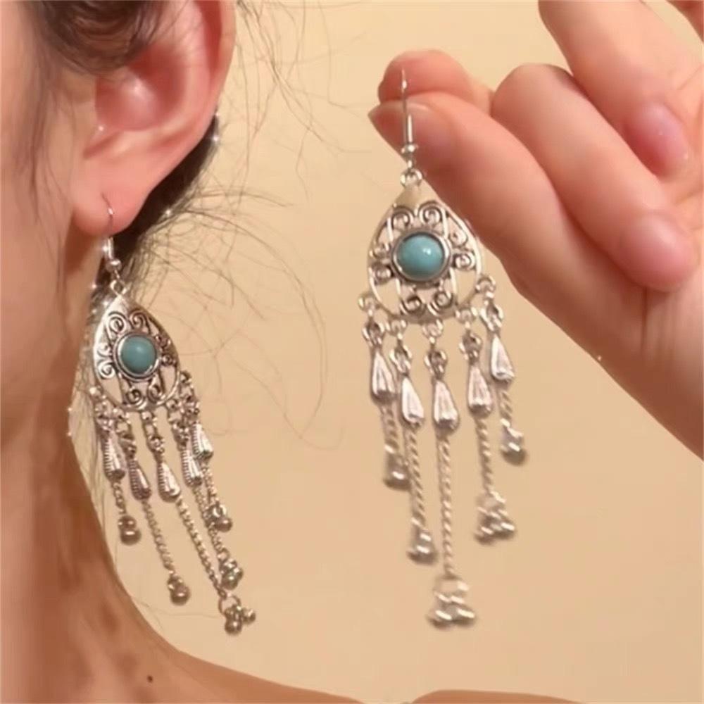New Chinese style imitation turquoise ethnic style earrings women's niche fringed earrings fashionable versatile style earrings