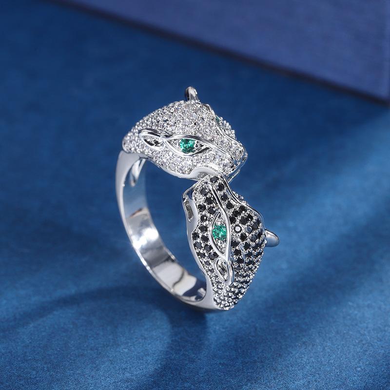 Jewelry Copper Bottom Gold-Plated Retro Full Diamond Luxury Inlaid Leopard Temperament Light Luxury Adjustable Ring