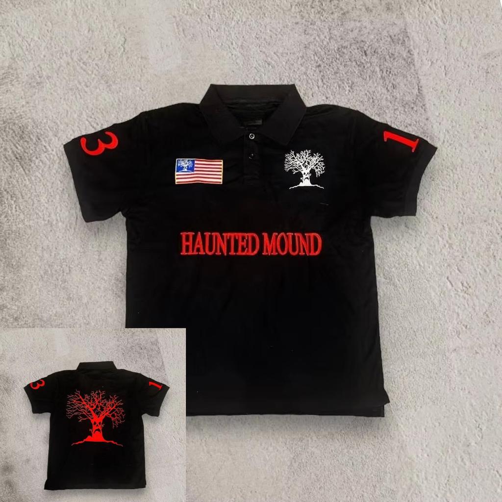 Camisa Polo Haunted Mound América Retro Street Hip Hop Manga Curta Y2k Masculina Casual Bordado Top de Algodão Roupa de Baseball