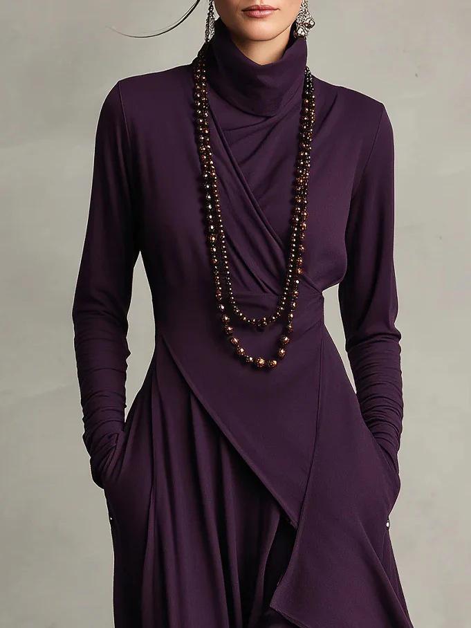 2025 European Women's Solid Color Long Sleeve Turtleneck Maxi Dress