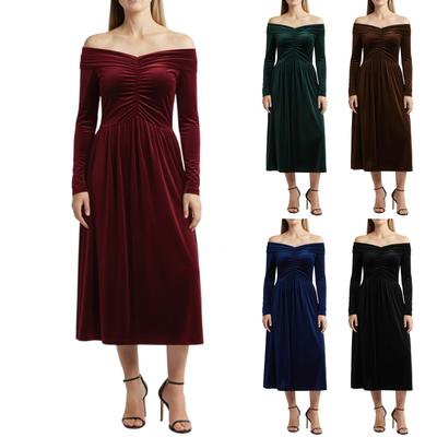 Vestido Feminino Casual de Veludo Cor Sólida Elegante de Cintura Alta Slim Manga Longa Ombro a Ombro Longo