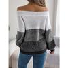 QICED Autumn and Winter Casual Color-blocked Off-the-shoulder Lantern Sleeve Pullover Sweater for Women