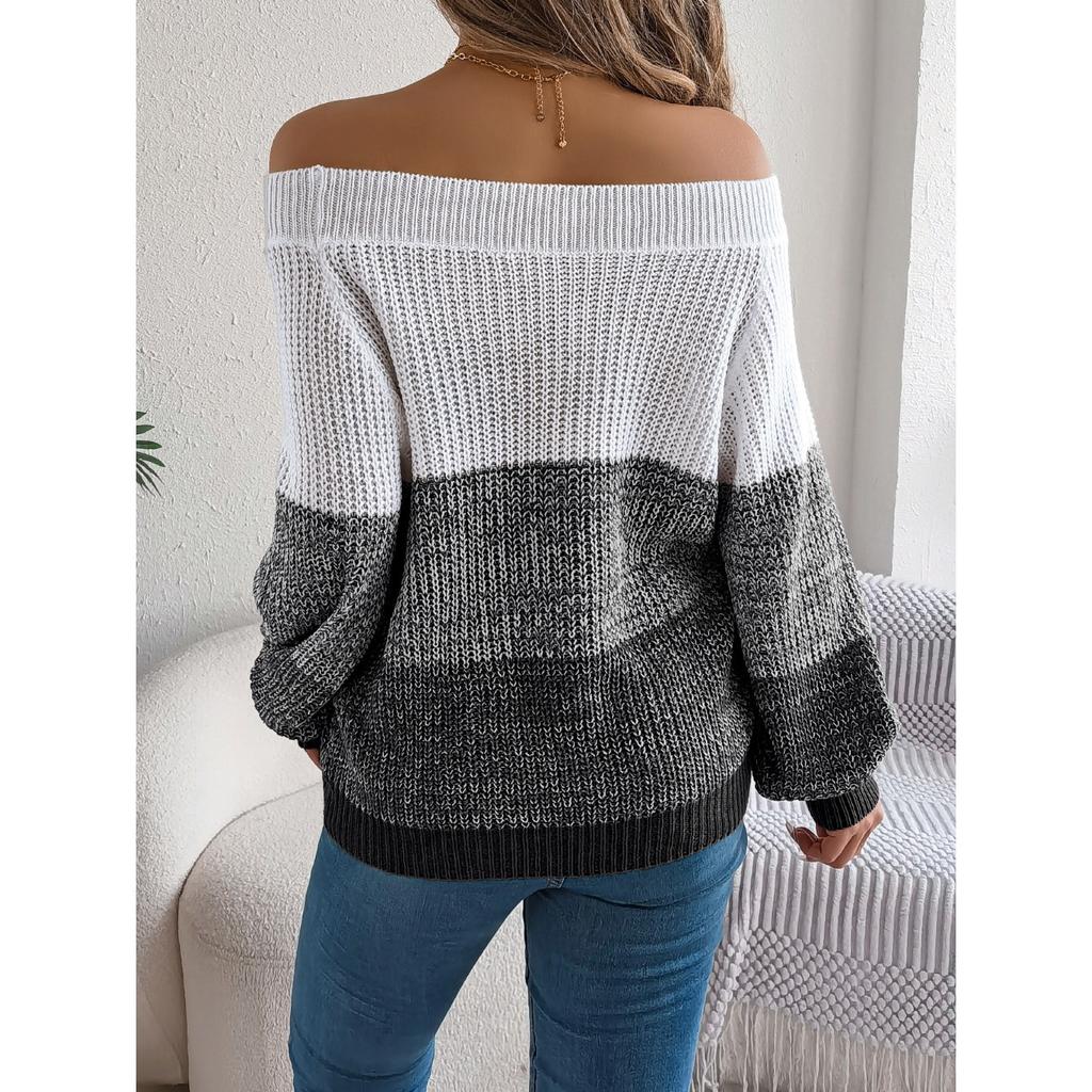 QICED Autumn and Winter Casual Color-blocked Off-the-shoulder Lantern Sleeve Pullover Sweater for Women