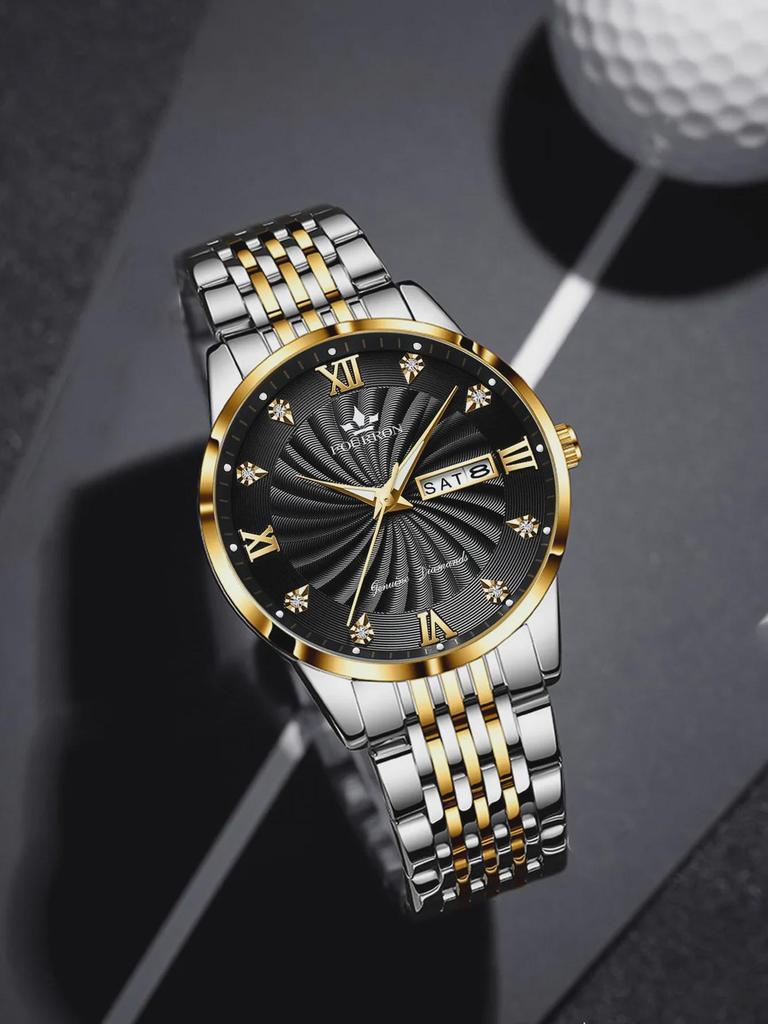 Men's Diamond Quartz Watch with Luminous Double Calendar