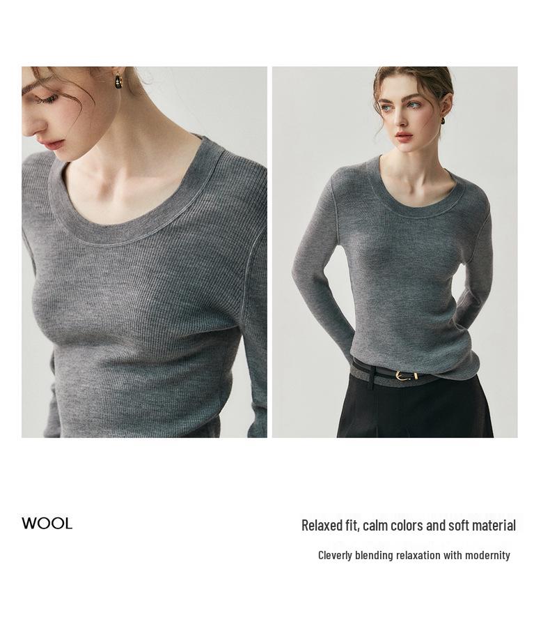 100% Wool Slim Fit U-Neck Seamless Knitted Sweater