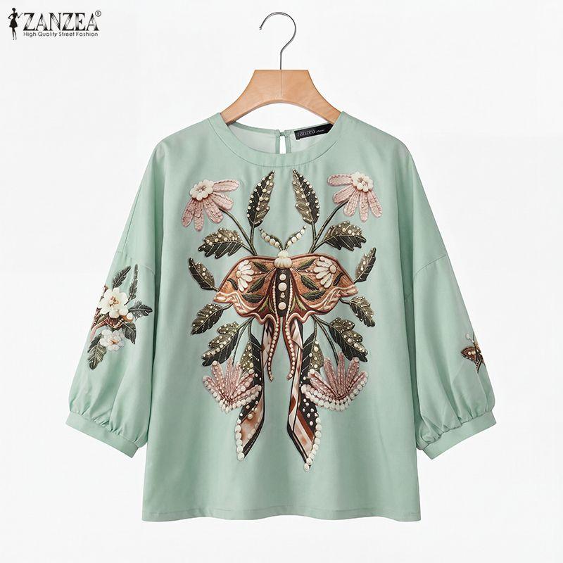 ZANZEA Camicetta casual da donna con scollo tondo e maniche a 3/4, ampia e stampata