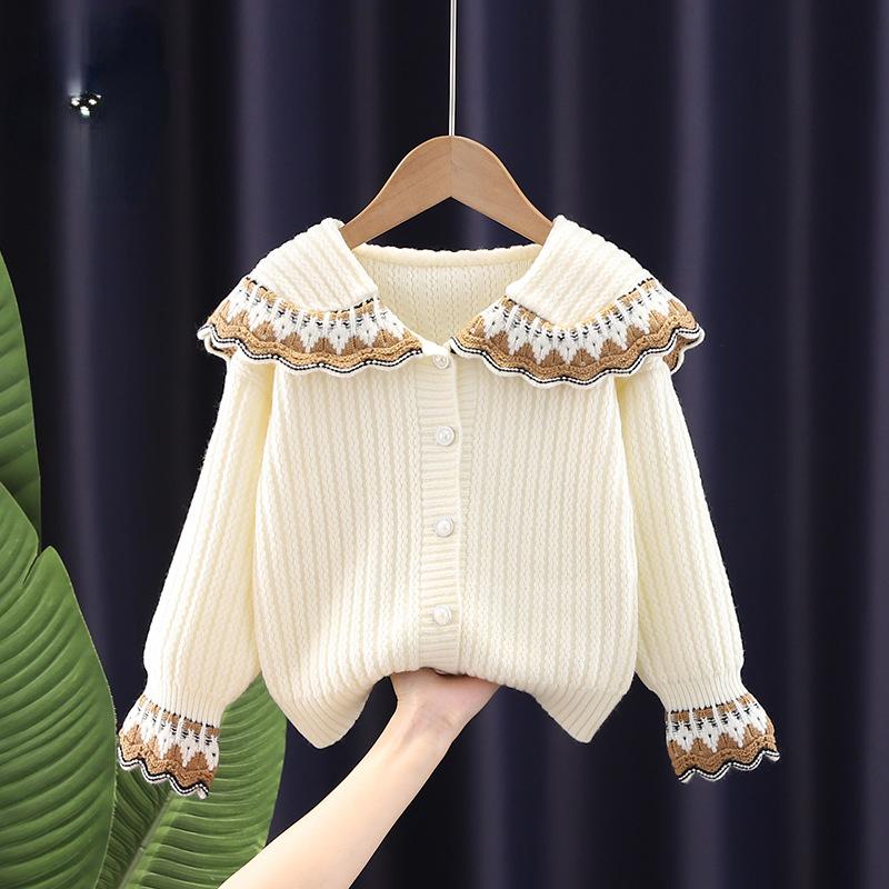 

Кардиган для девочек, свитер, осенне-зимний детский вязаный свитер, свитер с кружевным воротником