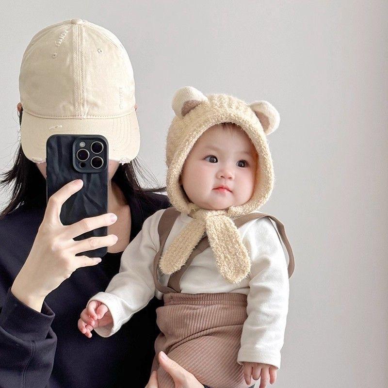 Warm Fleece Baby Bear Ear Hat Soft Plush With Chin Tie Perfect For Infant Winter Outdoor Daily Wear