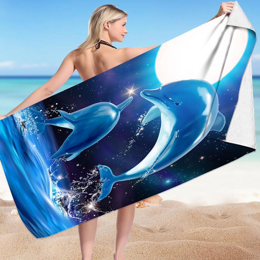 Blue Dolphin Beach Towel Ocean Fish Quick Dry Moon Star Sand Free Microfiber Bath Towel Travel Camping Bathroom for Girls Adults