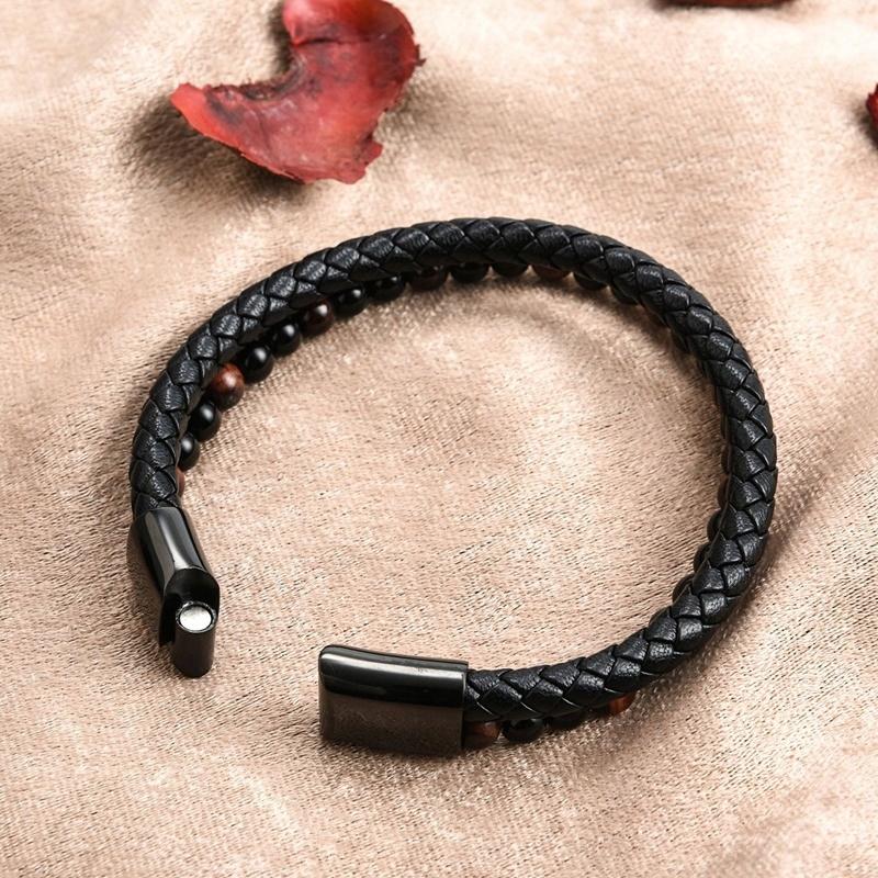 Black Leather Men's Braided Bracelet with Tiger's Eye Natural Stone