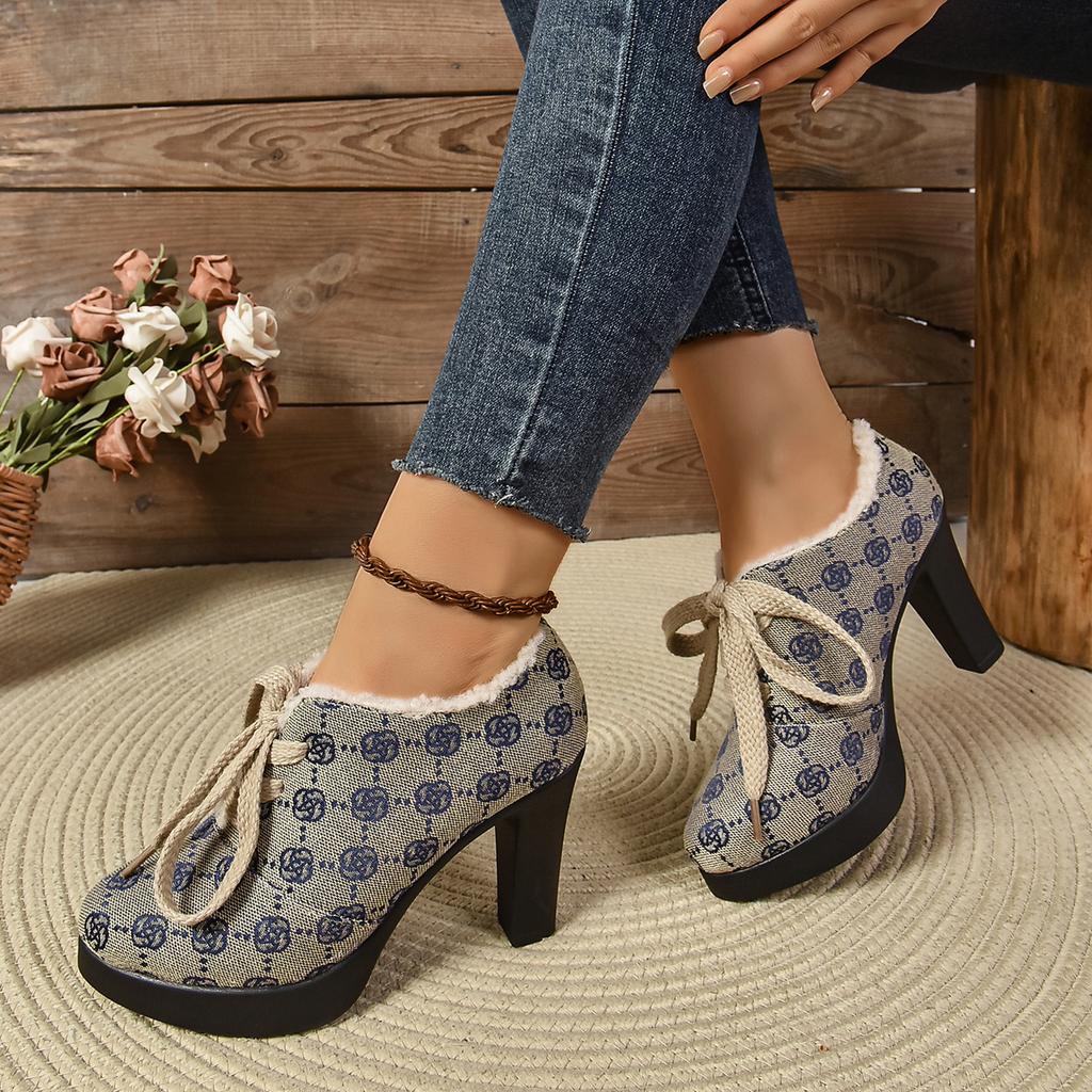 Fashion New Spring and Autumn Print Boots Women Luxury Lace-Up Boots Fashion Elegant Thickened Fluff High Heels Women Shoes for Women