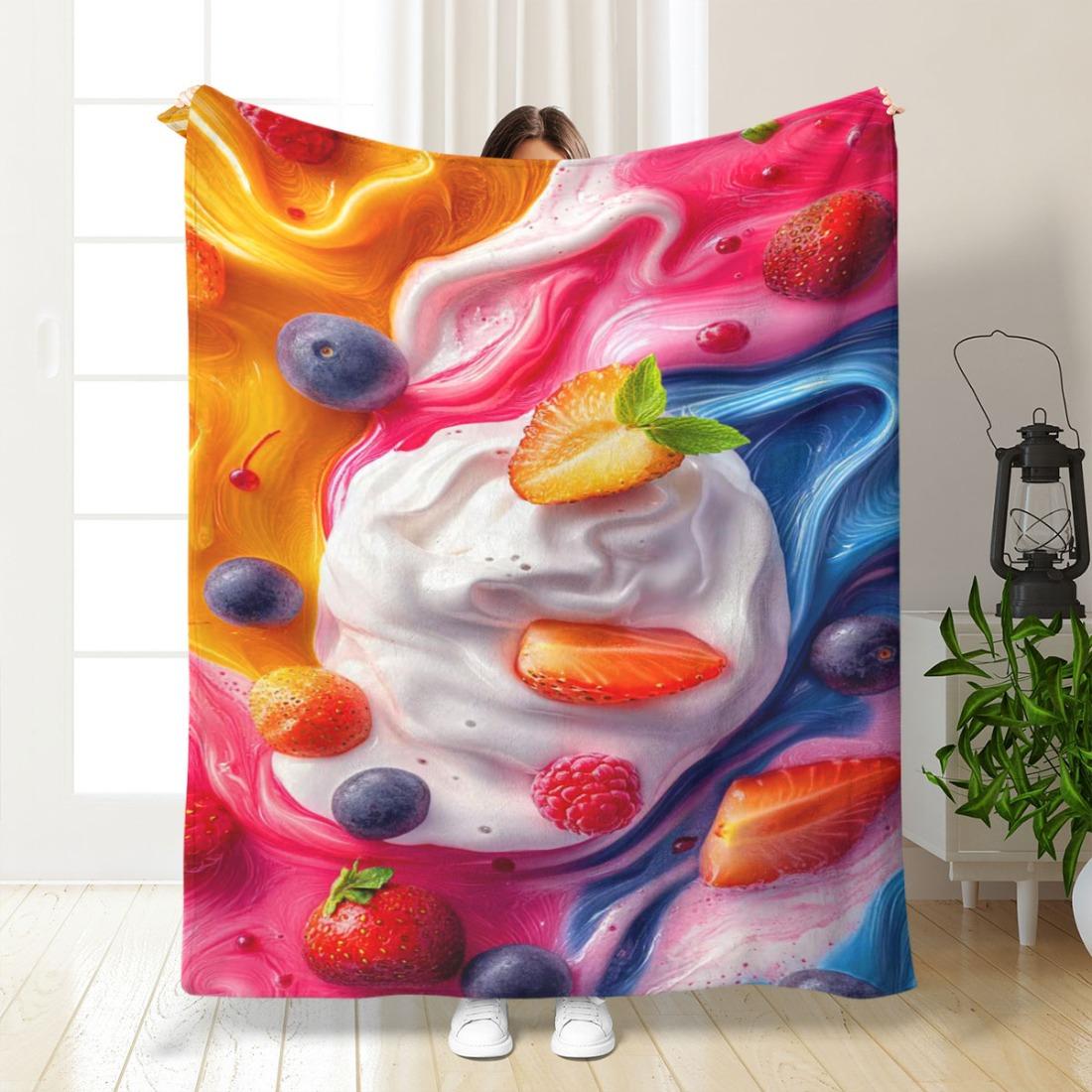 

Fruity Ice Cream Blanket - Soft Throw with Berries and Swirls, Perfect for Home Decor, Unique Gift for Food Fans 75x90cm