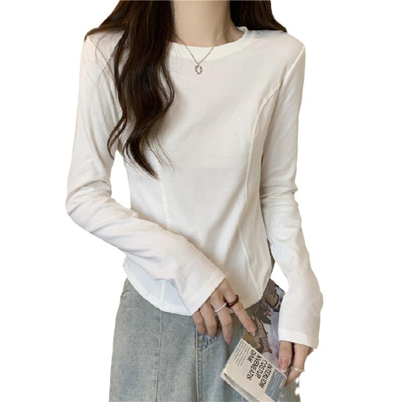 Women's Slim Fit Long Sleeve Herringbone T-Shirt - Round Neck, White, for Spring, Autumn, and Winter.