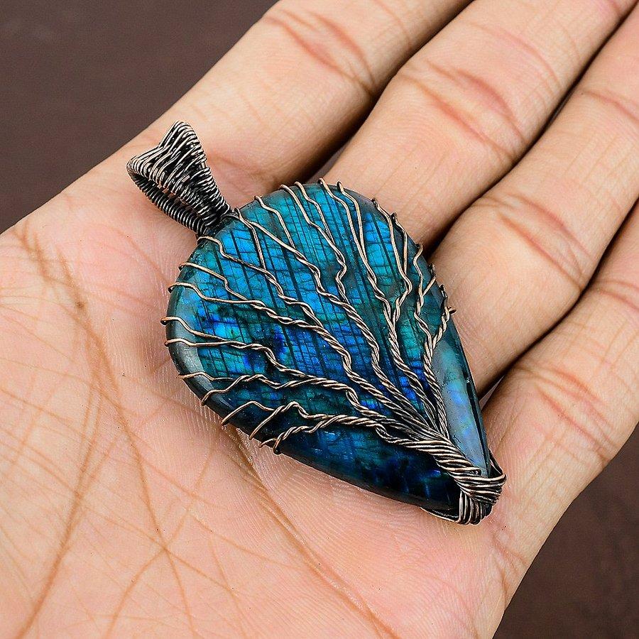 Blue Labradorite Handmade Copper Wire Wrap Jewelry Pendant 2.64" k2H36