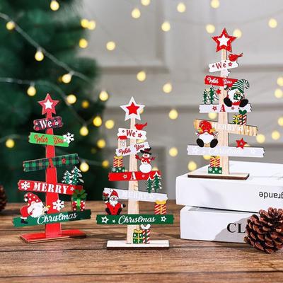 Décoration de bureau créative en forme de sapin de Noël Panneau de Noël en lettres de bois Plaque Père Noël Artisanat DIY Ornement de table Décoration de maison