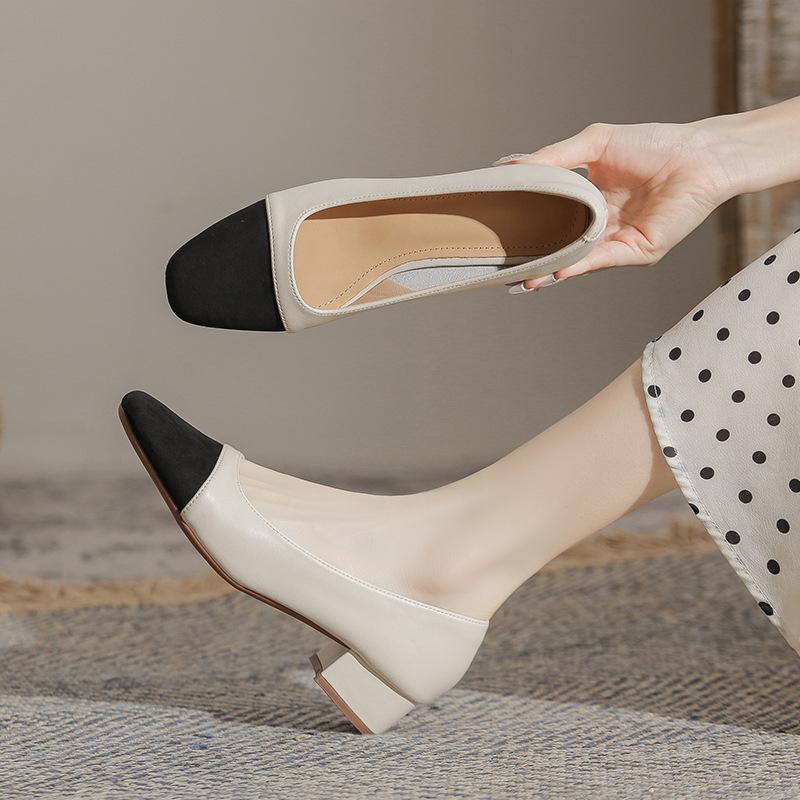 Color matching Xiaoxiangfeng thick heel single shoes women's summer defense leather shoes high heels are not tired feet women's shoes are versatile