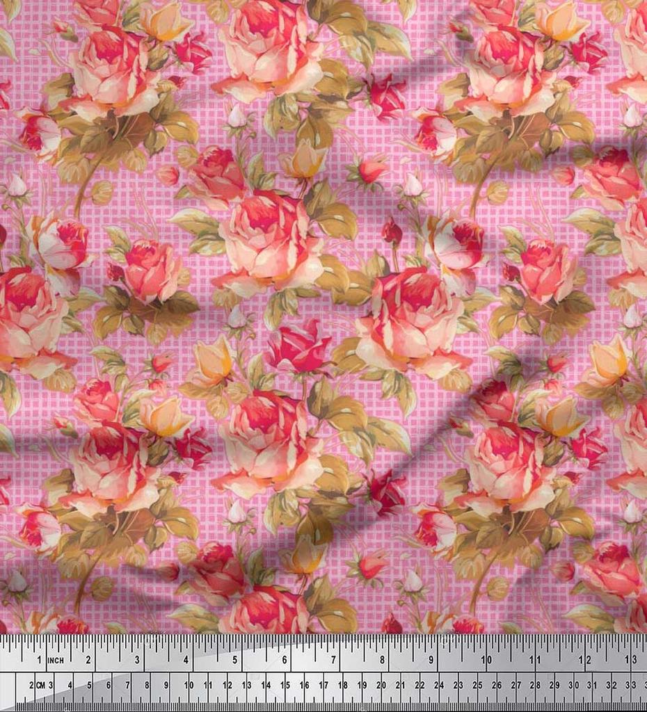Soimoi Japan Crepe Satin Stoff Sjekk, Blader & Rose Blomstertrykk Sy Stoff meter 42 tommer