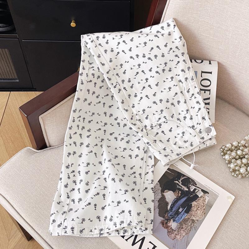 Spring/Summer Korean Style High Waist Floral White Wide-Leg Denim Pants for Women